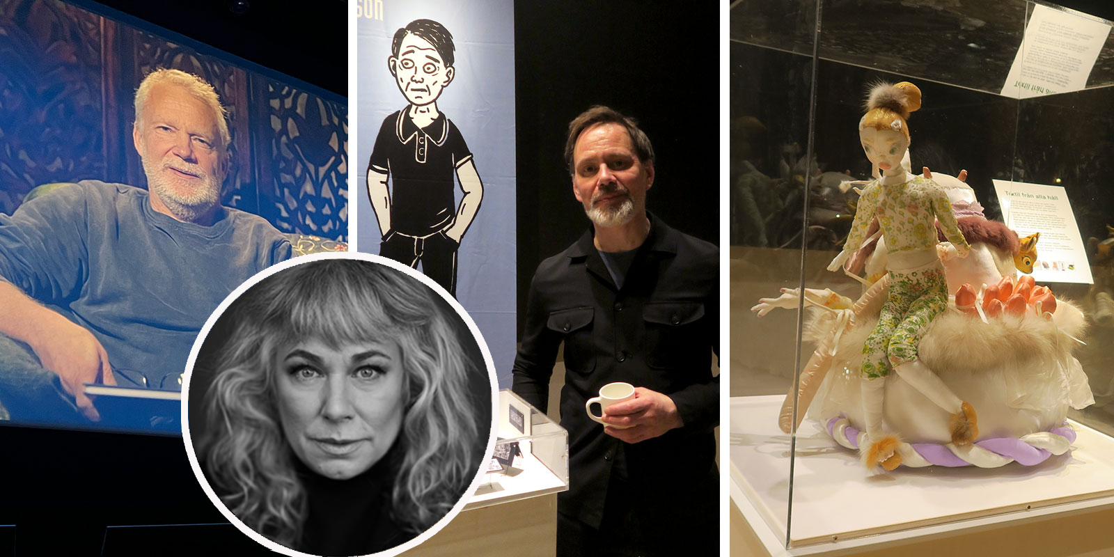 På bilden syns Martin Widmark, Stina Wollter, Mats Jonsson och ett textilt konstverk av Emilia Sundqvist.