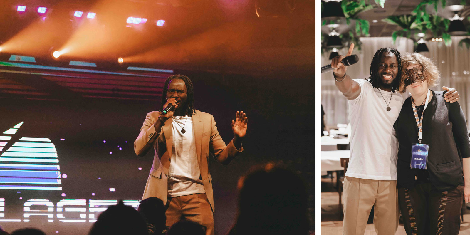 Pa Modou Badjie på scenen med mick i hand, samt Modo och vinnaren Emma tillsammans i segergest.